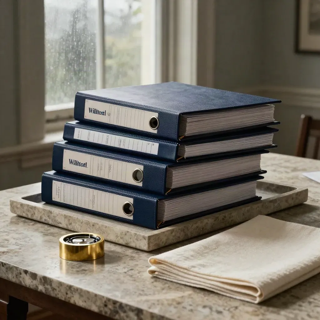 Navy fund binders and brass weights on limestone by rain-softened window in moody morning light.