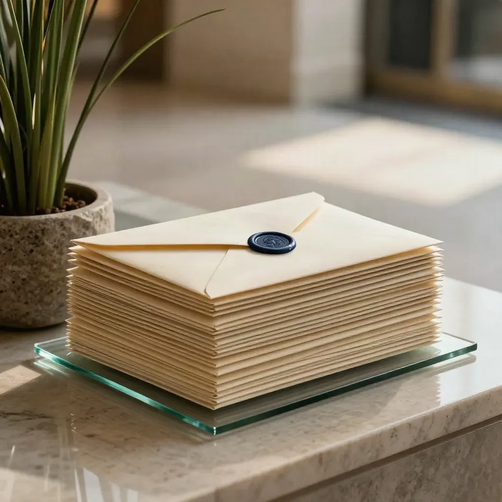 Cream report envelopes sliding on a glass tray beside a reed plant in a bright reception lobby.