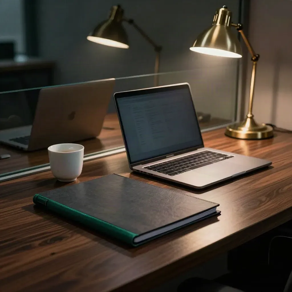 Closed laptop, risk folder, porcelain cup and lamp reflections on a quiet finance desk.