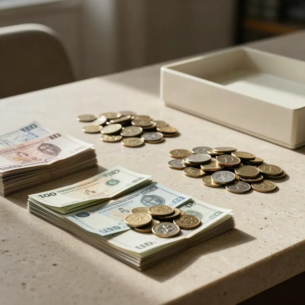 Pale stone review surface with income and capital token piles in a discreet investment office.