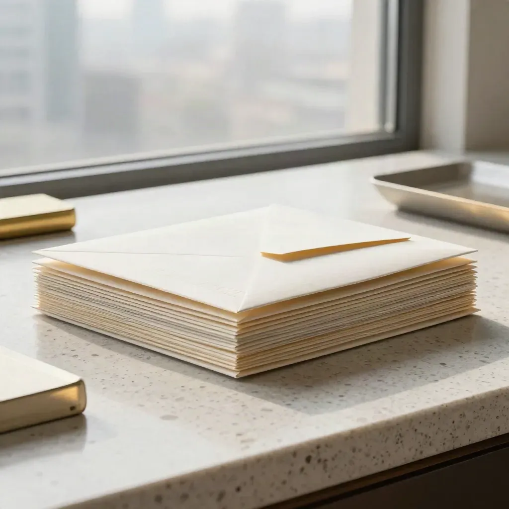 Sealed fund notes and report envelopes beside a stone tray by a bright office window.