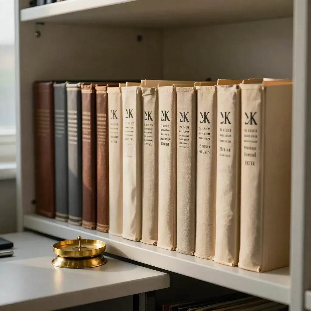 Closed equity research folders and a brass scale on a pale office shelf in cool window light.