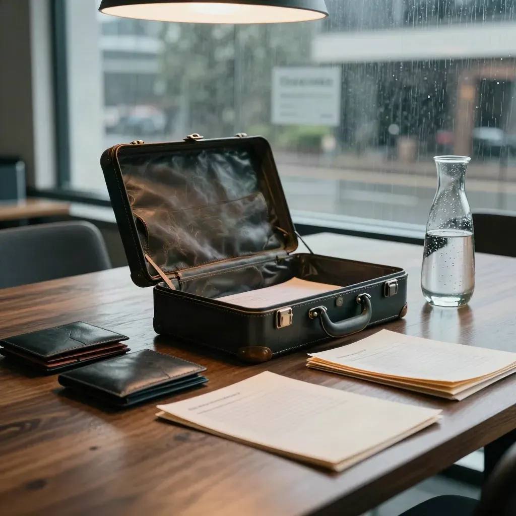 Dark leather credit review case open beside sealed files and a glass carafe under atrium light.