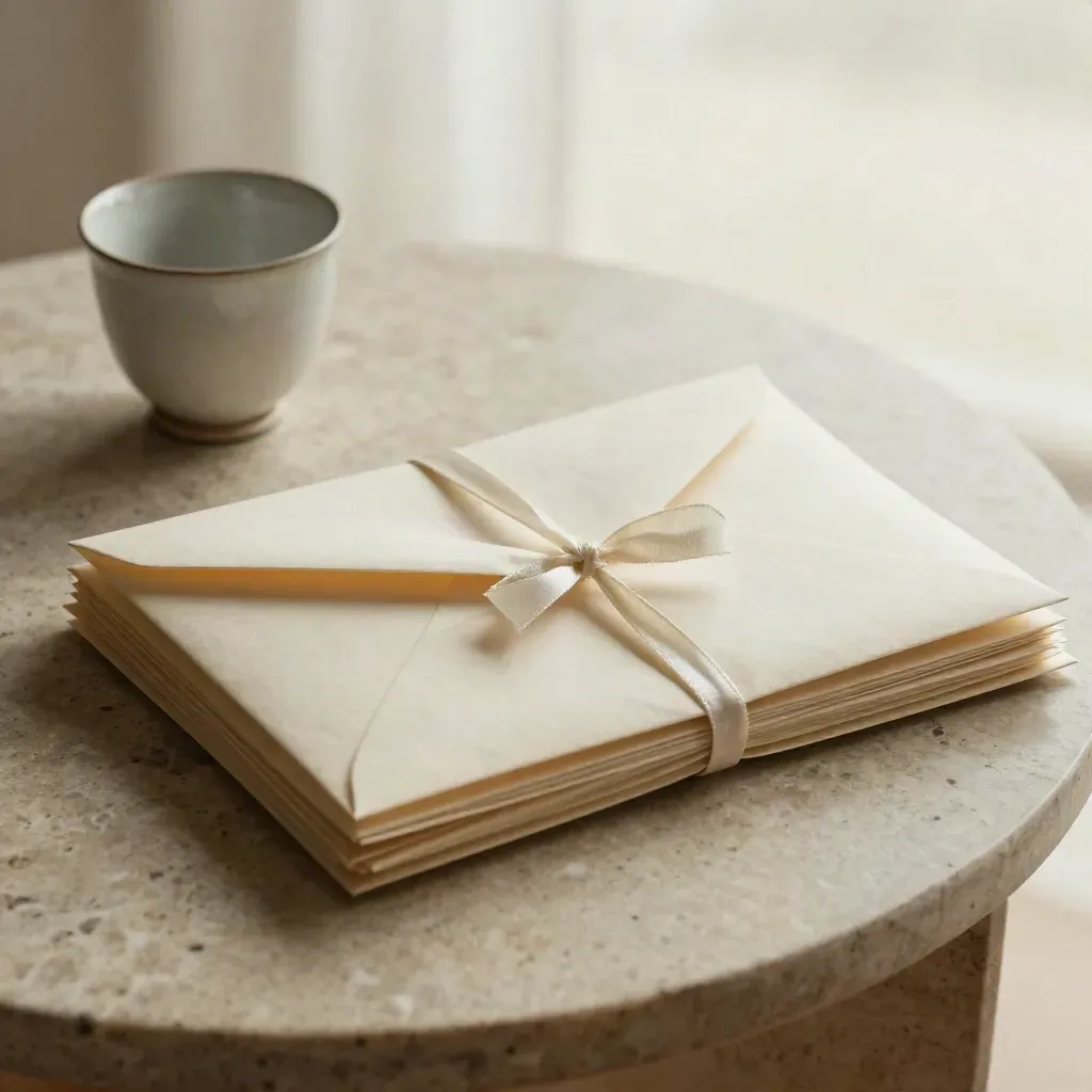 Cream envelopes tied with ribbon beside a ceramic cup on a limestone side table.