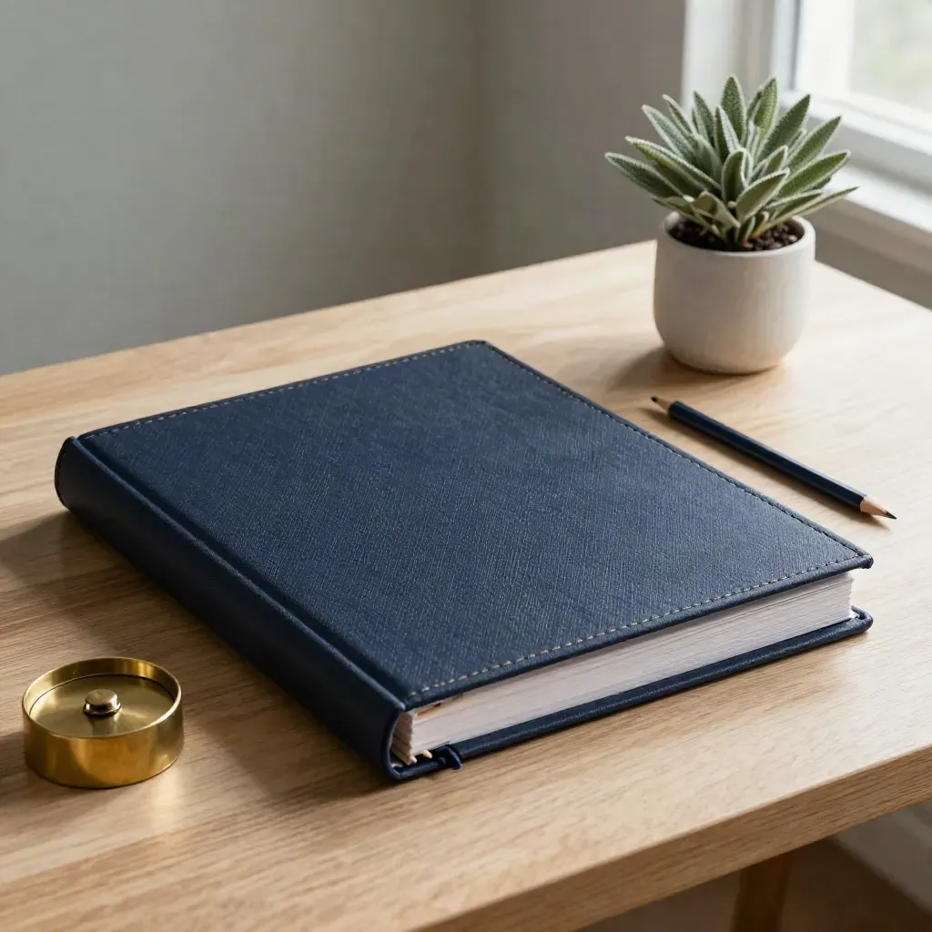 Navy reporting binder, brass paperweight, pencil and tiny plant on pale oak desk.
