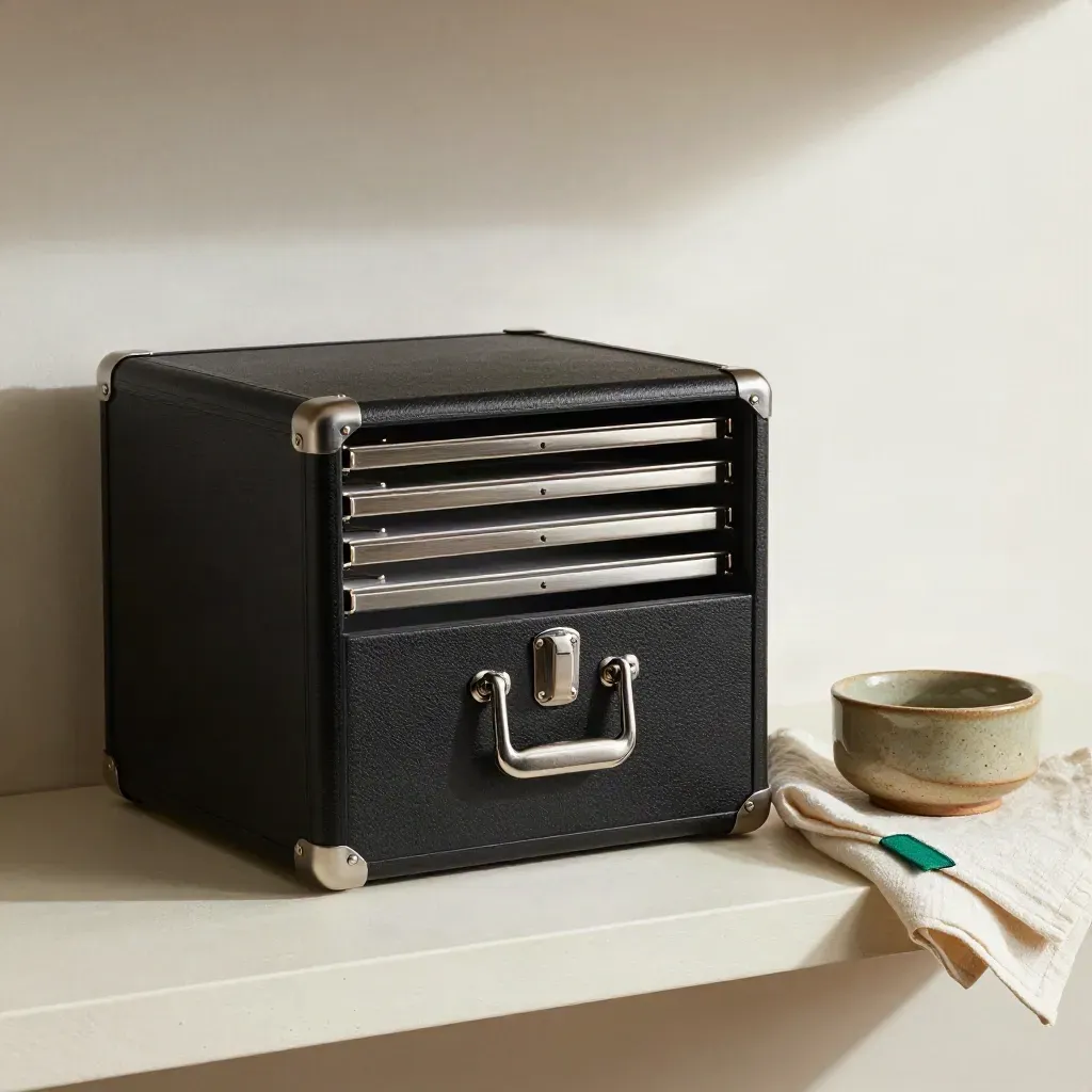Black archive case, metal dividers, ceramic catchall and linen cloth on a pale shelf.
